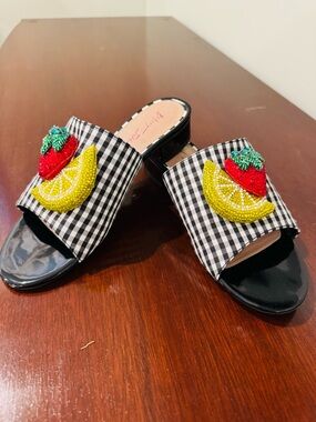 Betsey Johnson Black Gingham Slide Mules with Beaded Fruit Appliqués
